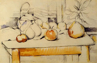 桌子上的一锅生姜和水果 Pot of Ginger and Fruits on a Table (c.1890)，保罗·塞尚