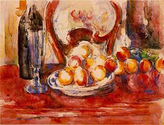 静物苹果，瓶子和椅背 Still Life Apples, a Bottle and Chairback (c.1902)，保罗·塞尚