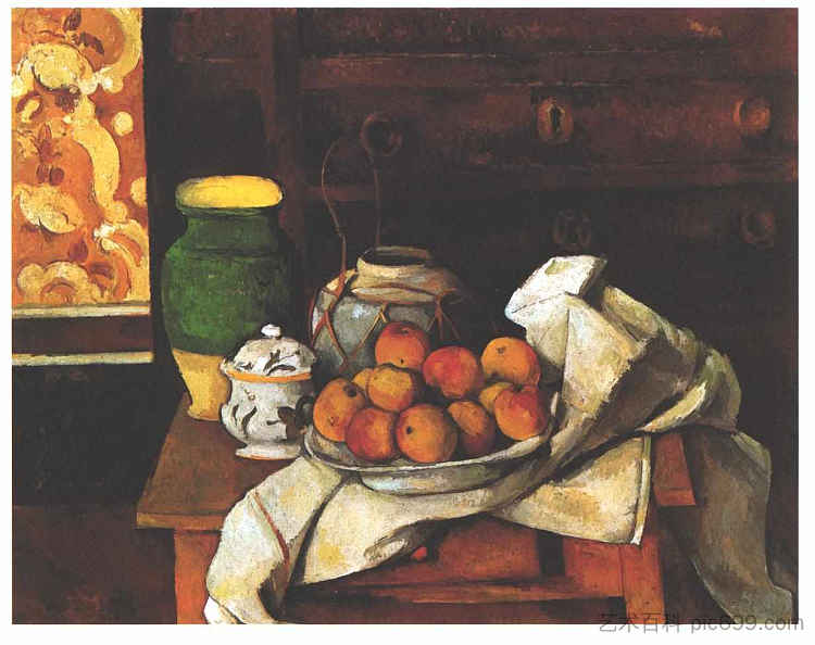 五斗柜前的静物 Still life in front of a chest of drawers (1883 - 1887)，保罗·塞尚