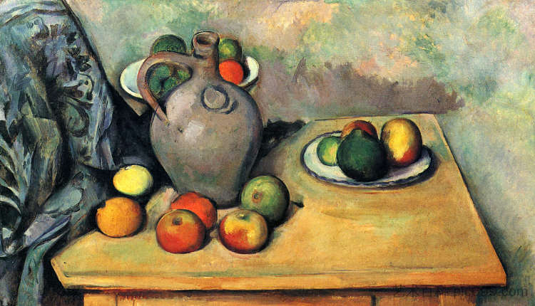 桌子上的静物、水壶和水果 Still life, jug and fruit on a table (1894)，保罗·塞尚