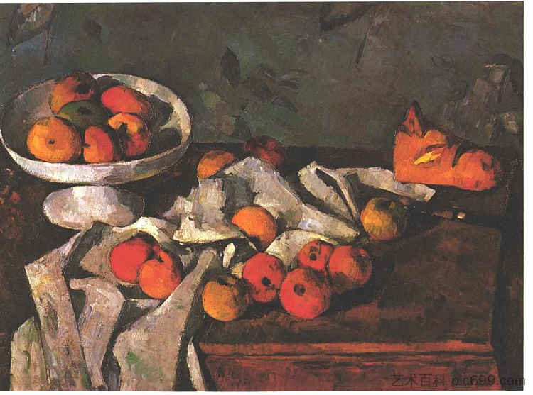 静物与水果盘和苹果 Still life with a fruit dish and apples (c.1880)，保罗·塞尚