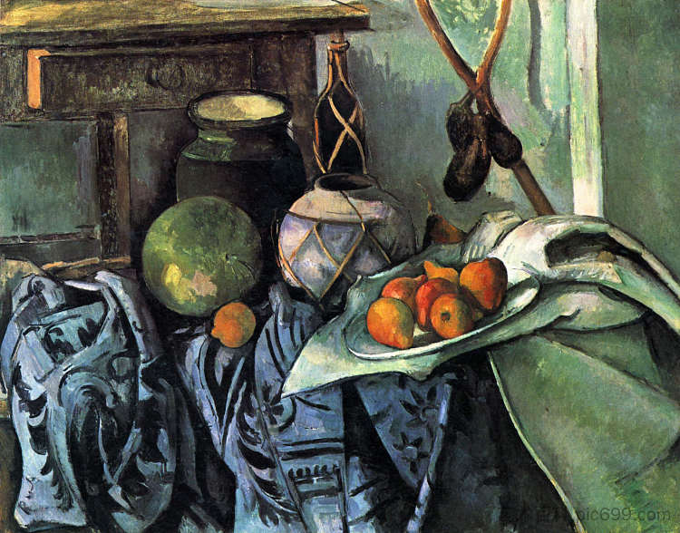 静物与姜罐和茄子 Still Life with a Ginger Jar and Eggplants (1894)，保罗·塞尚