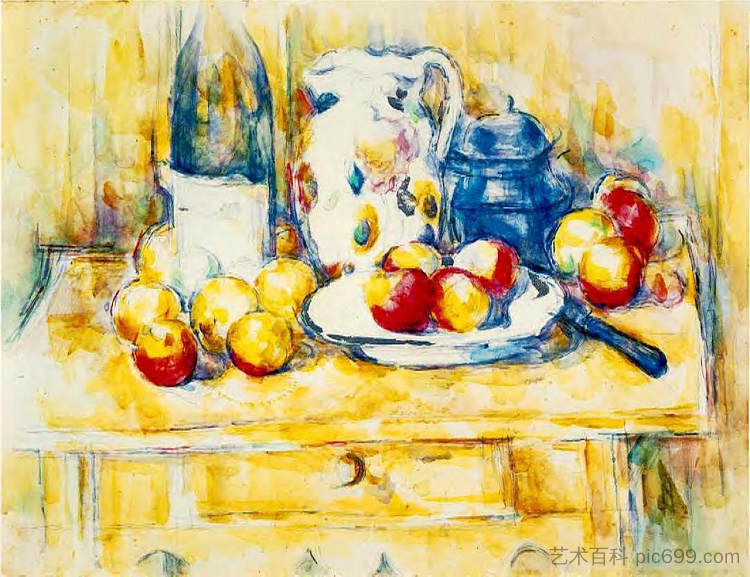 静物与苹果，瓶子和牛奶罐 Still Life with Apples, a Bottle and a Milk Pot (c.1904)，保罗·塞尚