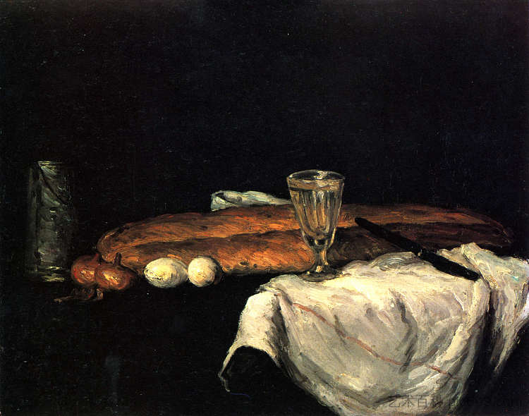 面包和鸡蛋的静物画 Still Life with Bread and Eggs (1865)，保罗·塞尚