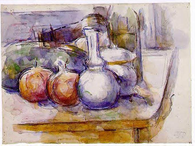 静物与水瓶，糖碗，瓶子，石榴和西瓜 Still Life with Carafe, Sugar Bowl, Bottle, Pommegranates and Watermelon (1900 - 1906)，保罗·塞尚