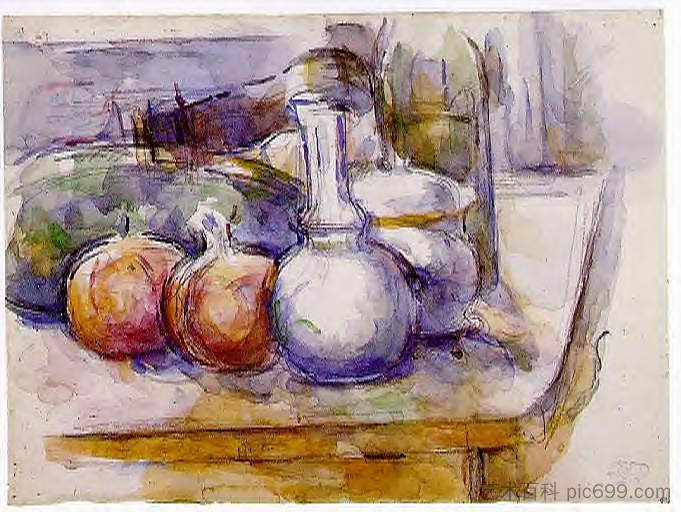 静物与水瓶，糖碗，瓶子，石榴和西瓜 Still Life with Carafe, Sugar Bowl, Bottle, Pommegranates and Watermelon (1900 - 1906)，保罗·塞尚