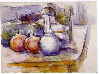 静物与水瓶，糖碗，瓶子，石榴和西瓜 Still Life with Carafe, Sugar Bowl, Bottle, Pommegranates and Watermelon (1900 – 1906)，保罗·塞尚