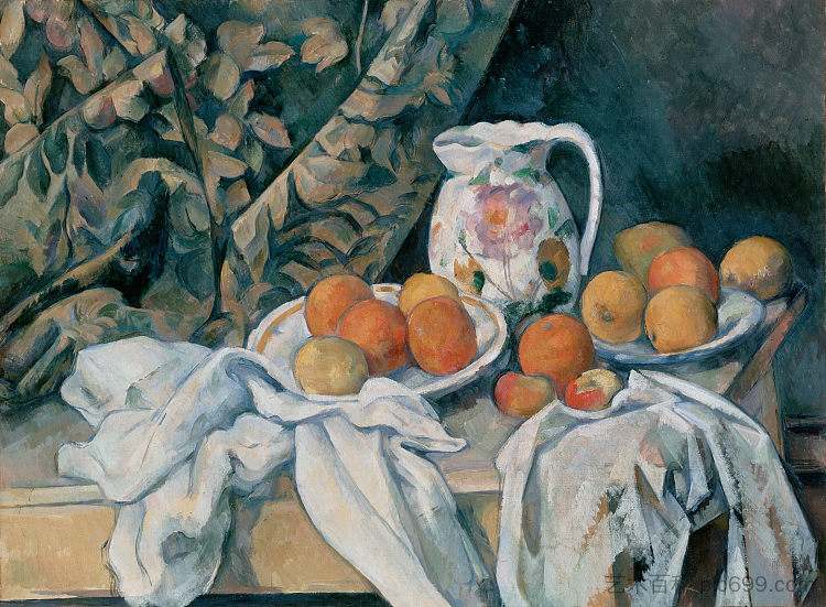 静物与窗帘和花壶 Still Life with Curtain and Flowered Pitcher (1895)，保罗·塞尚