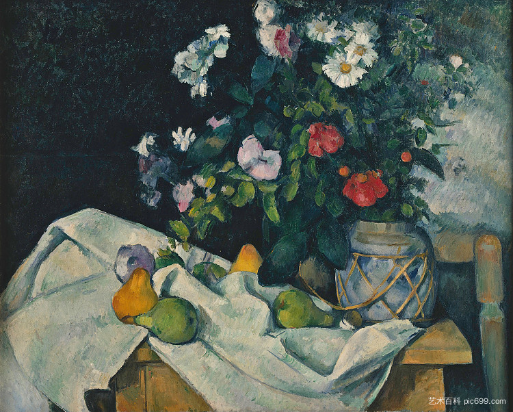 静物与鲜花和水果 Still Life with Flowers and Fruit (1890)，保罗·塞尚
