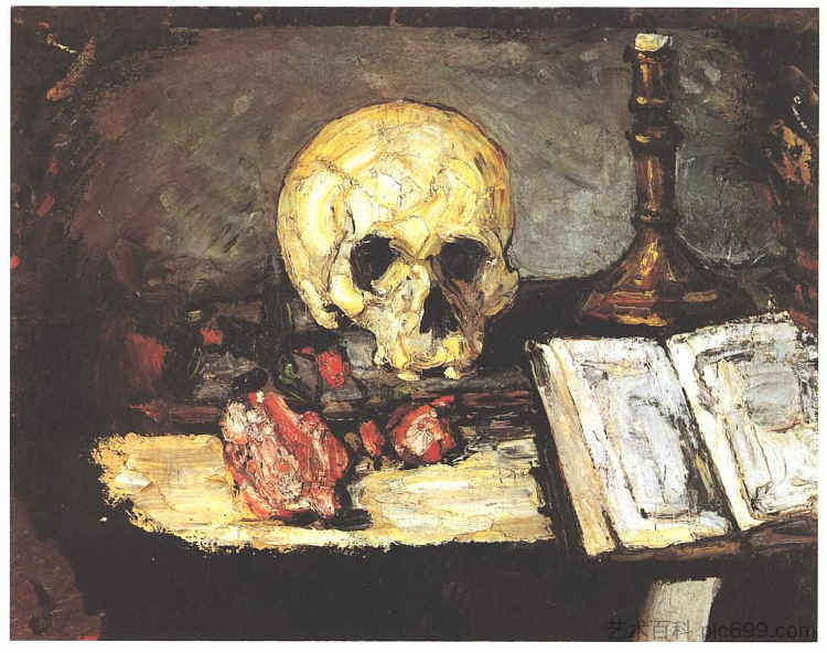 骷髅，蜡烛和书的静物画 Still life with skull, candle and book (1866)，保罗·塞尚