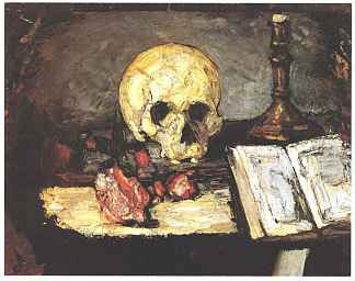 骷髅，蜡烛和书的静物画 Still life with skull, candle and book (1866)，保罗·塞尚