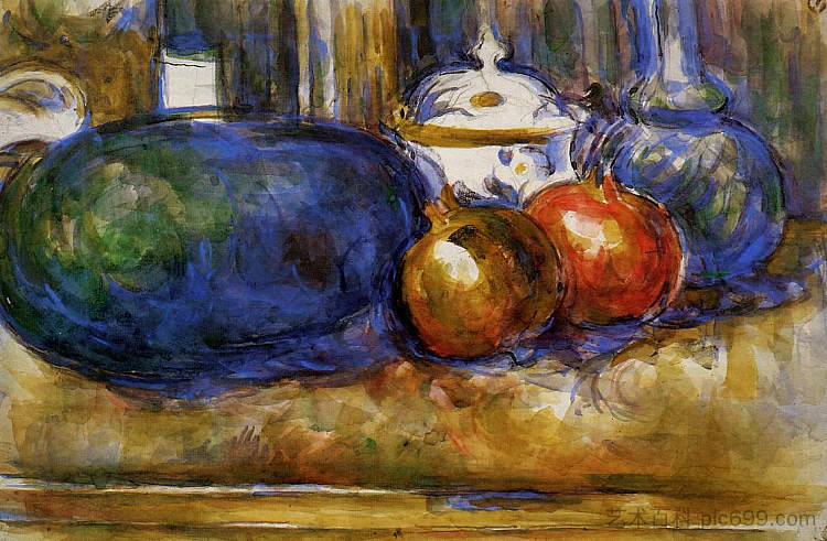 静物与西瓜和石榴 Still Life with Watermelon and Pemegranates (c.1906)，保罗·塞尚