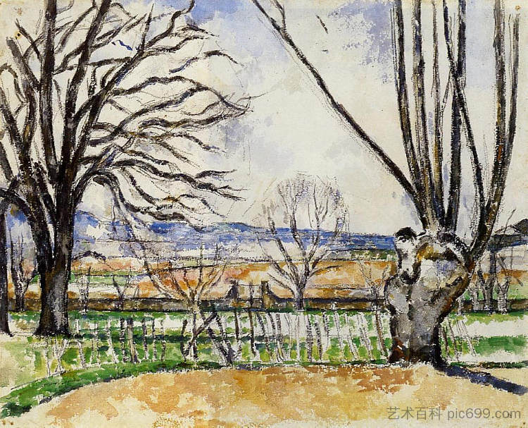 春天的贾斯德布凡的树 The Trees of Jas de Bouffan in Spring (c.1880),保罗·塞尚