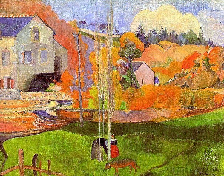 布列塔尼景观。大卫的磨坊。 A breton landscape. David's mill. (1894; France ),保罗·高更