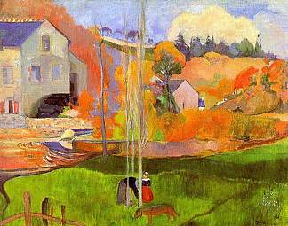布列塔尼景观。大卫的磨坊。 A breton landscape. David’s mill. (1894; France                     )，保罗·高更