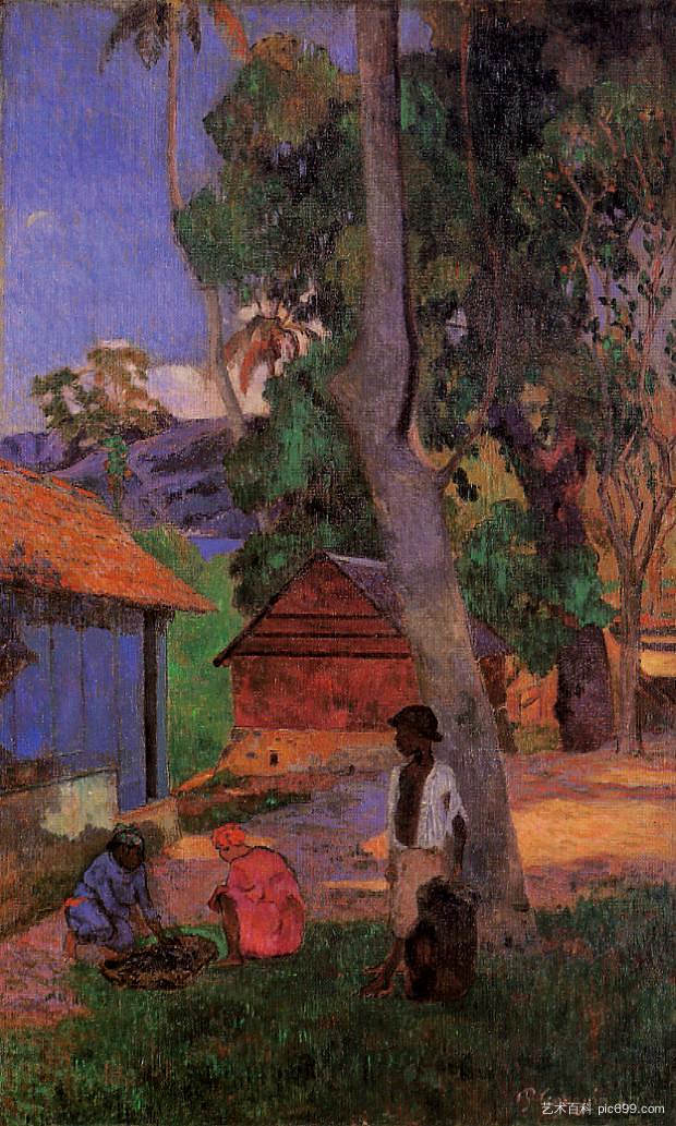 小屋周围 Around the huts (1887; Martinique  )，保罗·高更