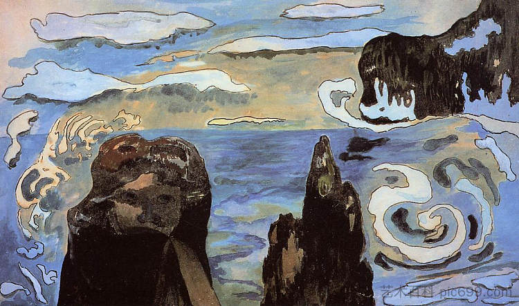 在黑色的岩石上 At the black rocks (1889; France ),保罗·高更