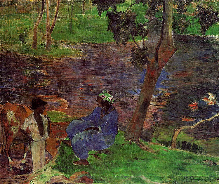 在池塘边 At the pond (1887; Martinique  )，保罗·高更