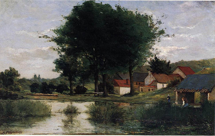秋季景观(农场和池塘) Autumn Landscape (Farm and pond) (1877; France ),保罗·高更