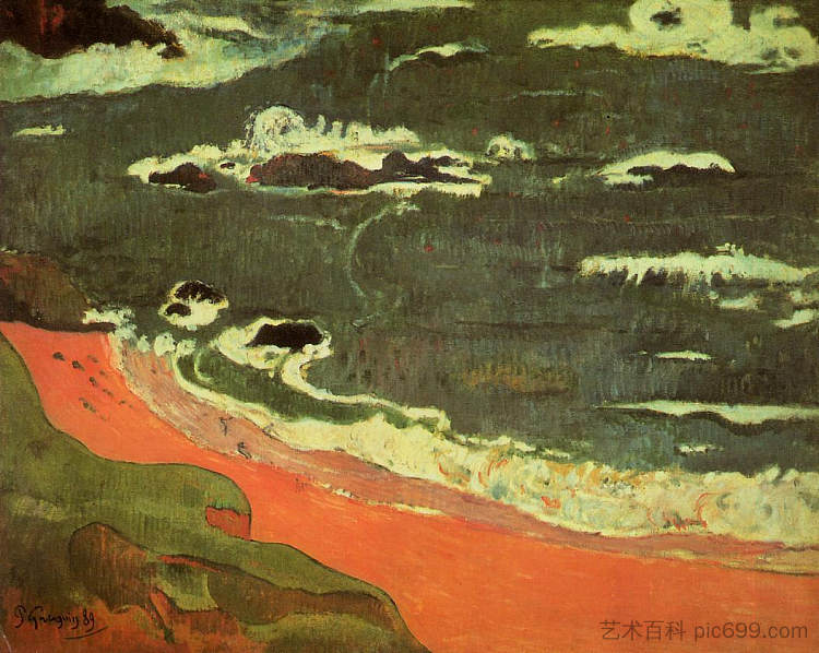 勒波尔杜海滩 Beach at Le Pouldu (1889; France  )，保罗·高更