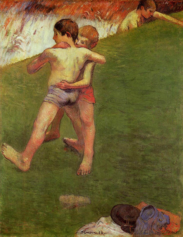 布列塔尼男孩摔跤 Breton Boys Wrestling (1888; Pont-aven,France  )，保罗·高更