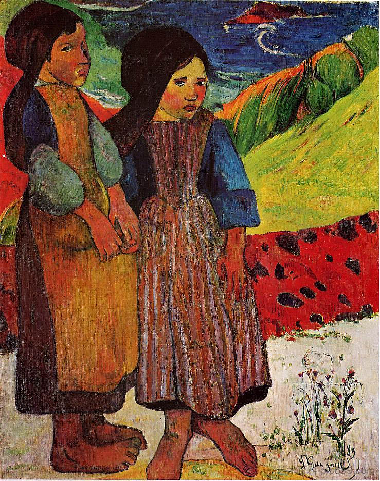 海边的布列塔尼女孩 Breton Girls by the sea (1889; France ),保罗·高更