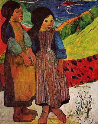 海边的布列塔尼女孩 Breton Girls by the sea (1889; France                     )，保罗·高更