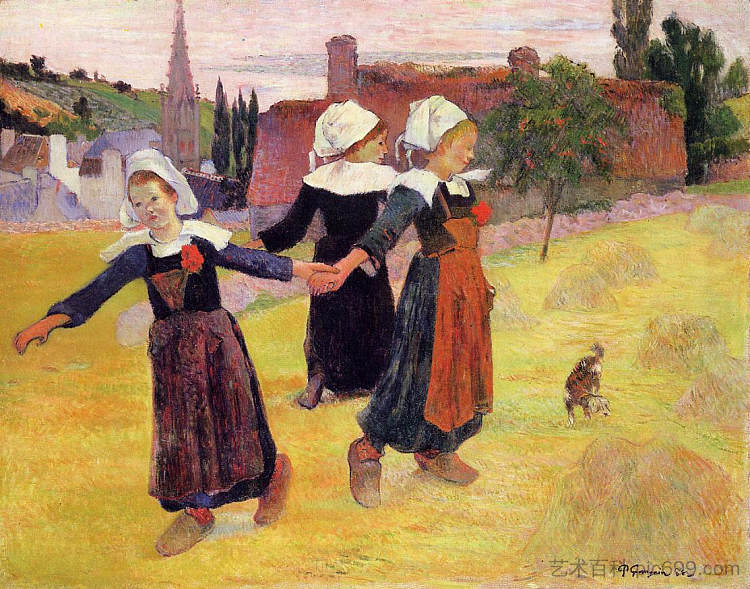 布列塔尼女孩跳舞 Breton girls dancing (1888; Pont-aven,France ),保罗·高更
