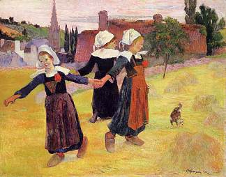 布列塔尼女孩跳舞 Breton girls dancing (1888; Pont-aven,France                     )，保罗·高更