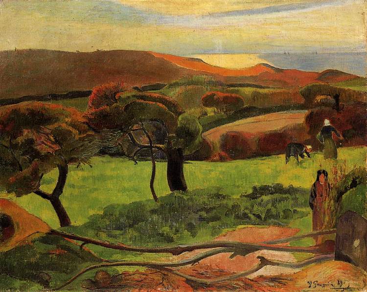 布列塔尼景观 - 海边的田野（勒波尔杜） Breton Landscape - Fields by the Sea (Le Pouldu) (1889; France  )，保罗·高更
