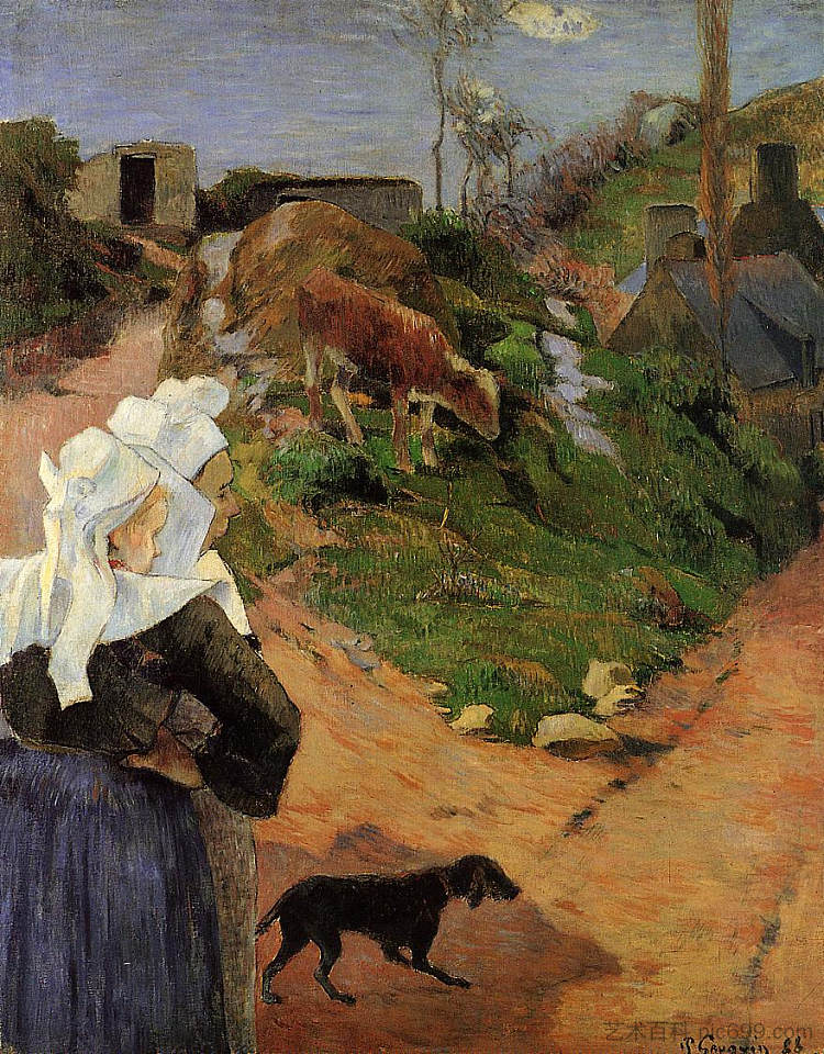 转弯处的布列塔尼妇女 Breton Women at the Turn (1888; Pont-aven,France  )，保罗·高更