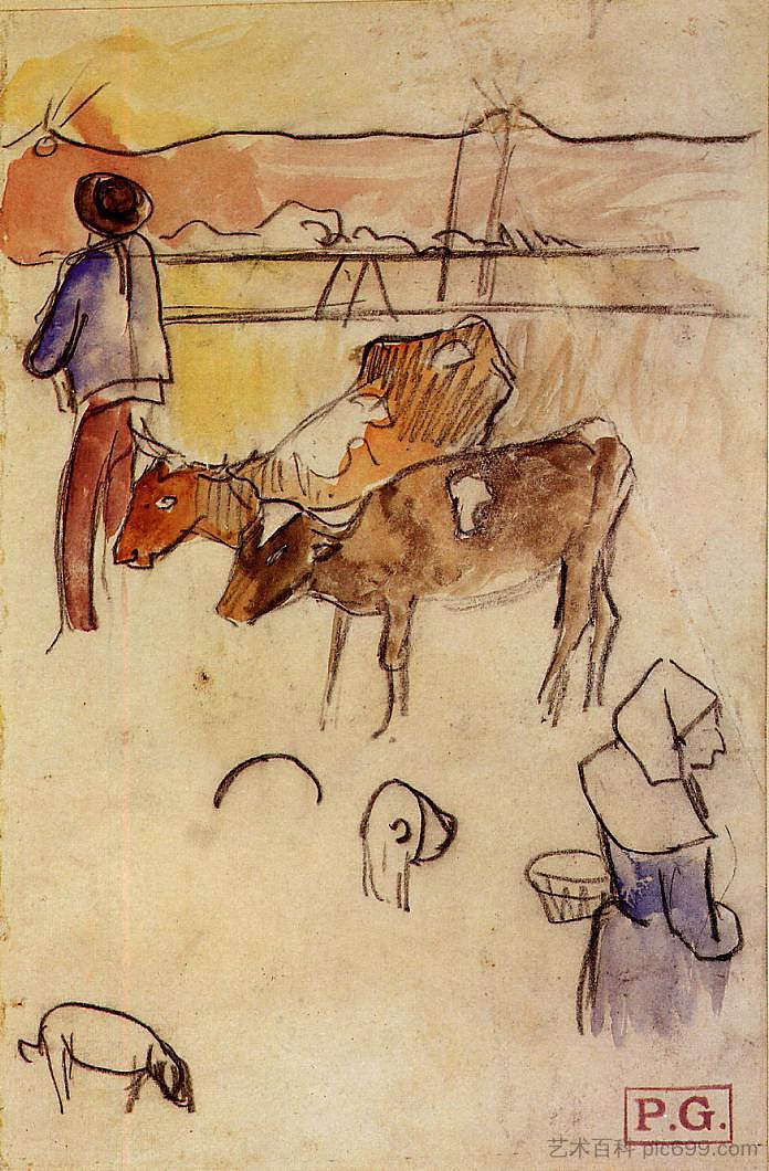 布列塔尼人和奶牛 Bretons and cows (1889; France  )，保罗·高更