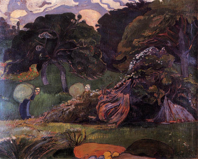 布列塔尼风景与妇女背着麻袋 Brittany landscape with women carrying sack (1889; France  )，保罗·高更