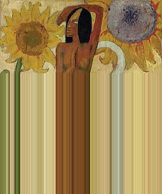 加勒比女人，或女性裸体与向日葵 Caribbean Woman, or Female Nude with Sunflowers (1889; France                     )，保罗·高更