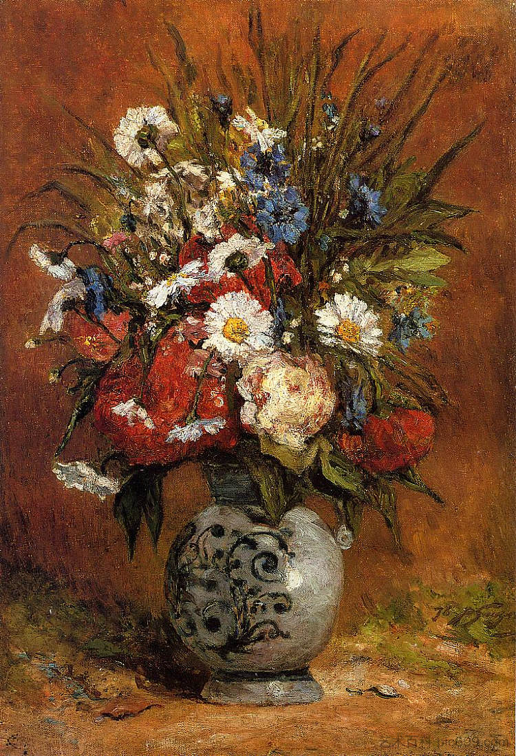 蓝色花瓶中的雏菊和牡丹 Daisies and peonies in blue vase (1876; Paris,France  )，保罗·高更