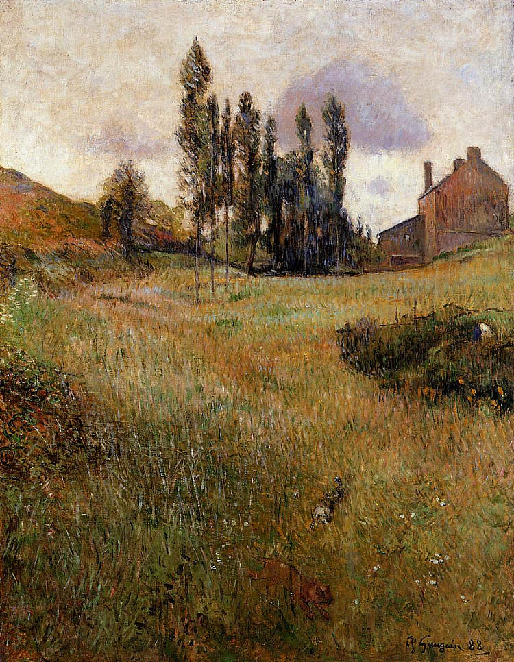 狗在田野里奔跑 Dogs running through a field (1888; Pont-aven,France ),保罗·高更