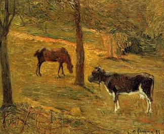 草地上的马和牛 Horse and Cow in a Meadow (1885; Paris,France                     )，保罗·高更