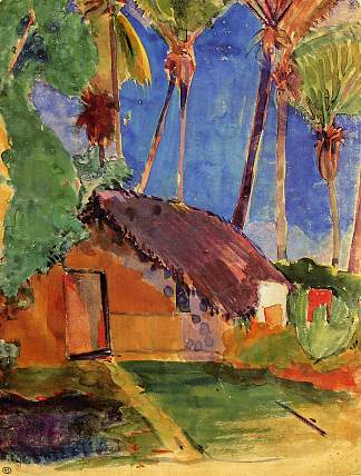 椰子树下的小屋 Hut under the coconut palms (1894)，保罗·高更