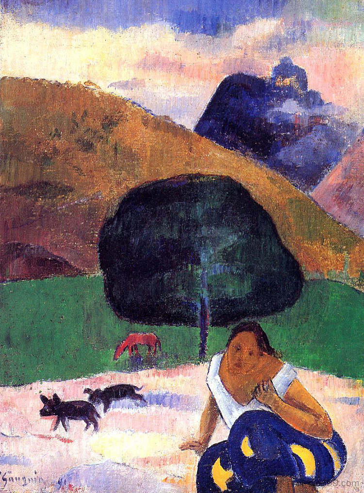 有黑猪和蹲伏的大溪地人的风景 Landscape with black pigs and a crouching Tahitian (1891; French Polynesia  )，保罗·高更