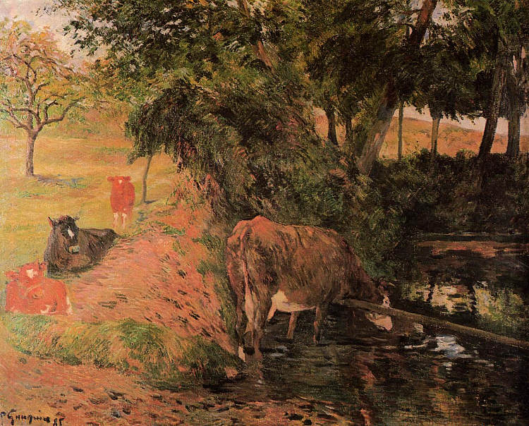 果园里有牛的风景 Landscape with cows in an Orchard (1885; France  )，保罗·高更