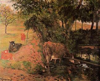 果园里有牛的风景 Landscape with cows in an Orchard (1885; France                     )，保罗·高更