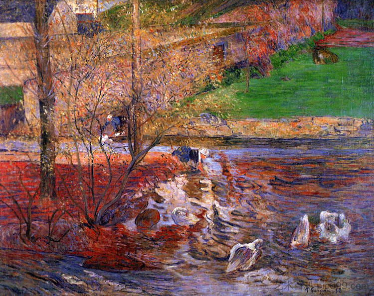 风景与鹅 Landscape with geese (1888; Arles-sur-tech,France  )，保罗·高更