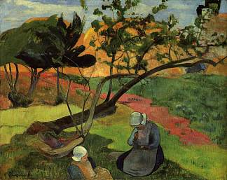 风景与两个布列塔尼女人 Landscape with two breton women (1889; Pont-aven,France                     )，保罗·高更