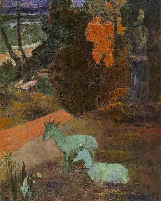 有两只山羊的景观 Landscape with two goats (1897; French Polynesia  )，保罗·高更