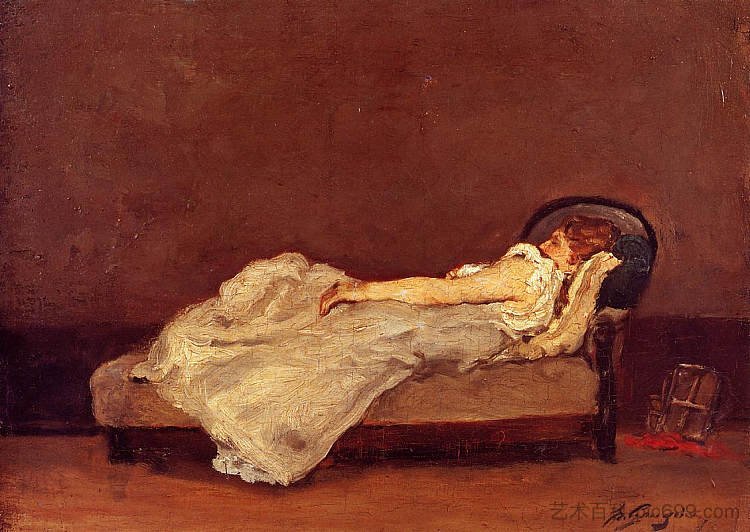梅特在沙发上睡着了 Mette asleep on a sofa (1875; Paris,France ),保罗·高更