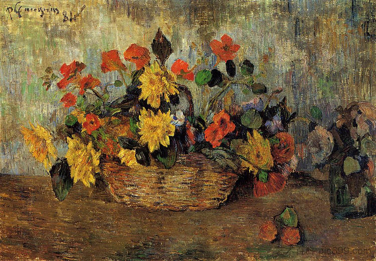 篮子里的金莲花和大丽花 Nasturtiums & dahlias in a basket (1884; Amagerbro / Copenhagen / Amagerbro,Denmark  )，保罗·高更