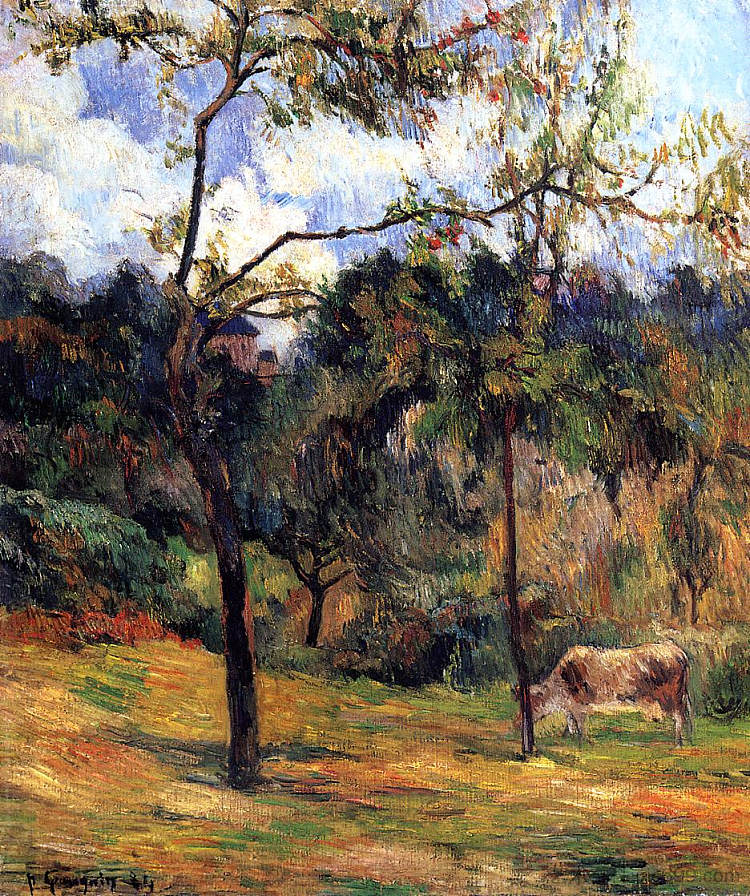 诺曼底风景：草地上的牛 Normandy Landscape: Cow in a Meadow (1884; Déville-lès-rouen / Maromme / Déville,France  )，保罗·高更