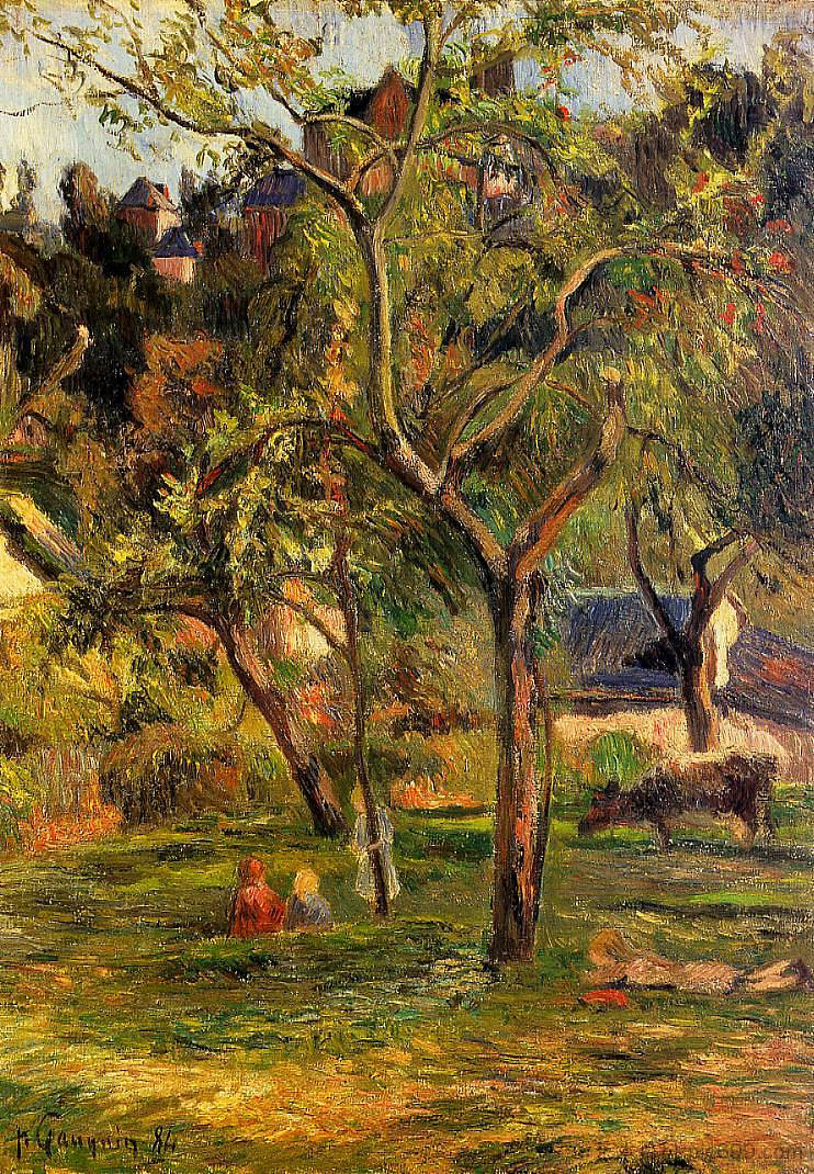 比霍雷尔教堂下的果园(牧场里的孩子) Orchard under the Church of Bihorel (Children in the Pasture) (1884; France ),保罗·高更