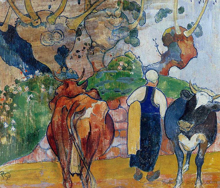 风景中的农妇和奶牛 Peasant Woman and Cows in a Landscape (1890; France  )，保罗·高更