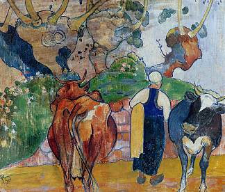 风景中的农妇和奶牛 Peasant Woman and Cows in a Landscape (1890; France                     )，保罗·高更